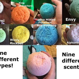 May include: Nine colorful bath bombs, each a different color and scent, are held in hands. The bath bombs are labeled with names like "Izumi," "Xing characters," and "Envy." Text reads "Nine different types!" and "Nine different scents!"