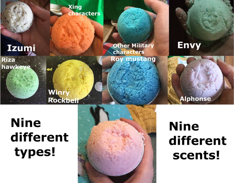 May include: Nine colorful bath bombs, each a different color and scent, are held in hands. The bath bombs are labeled with names like "Izumi," "Xing characters," and "Envy." Text reads "Nine different types!" and "Nine different scents!"