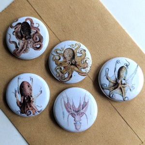 5 Octopus 1&quot; Buttons/Badges/Pins