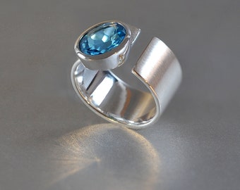 Silver ring Blue topaz band ring open adjustable