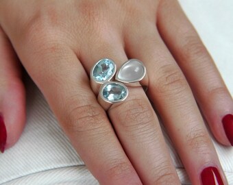 Silver ring open topaz and moonstone
