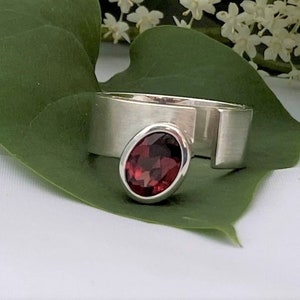 Silver ring with garnet band ring open adjustable