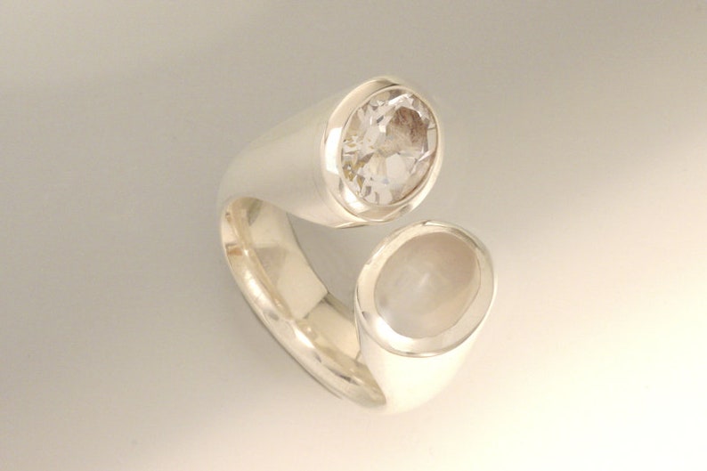 Silver ring open moonstone and rock crystal image 1