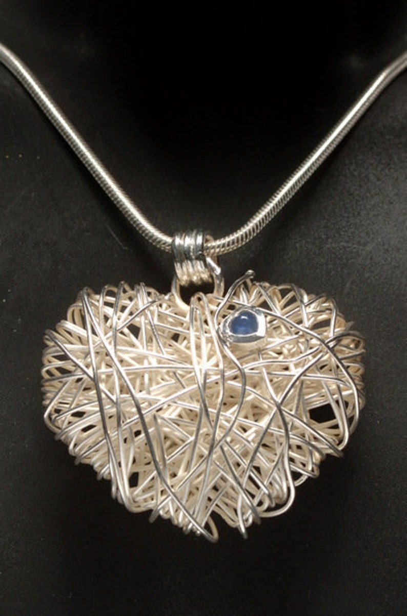 Silver Pendant Heart with Sapphire Cabochon image 1