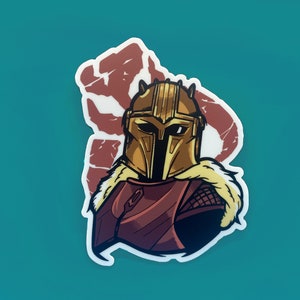May include: A sticker featuring a cartoon illustration of a character wearing a gold helmet and red armour. The character is set against a red and white background.