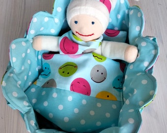 Doll's bed with dwarf. Smiley - Light Blue - White Dots