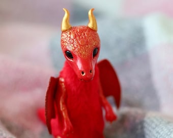 FEILONG - red dragon, baby dragon figurine, plush toy, stuffed fantasy animal, polymer clay dragons, dragon art doll
