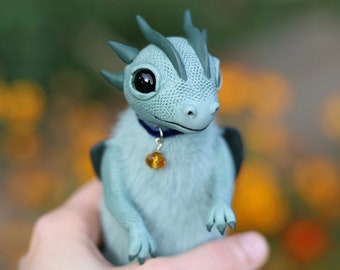 Tanwen - green dragon, mixed media doll, plush dragon, polymer clay toy, stuffed dragon, teddy dinosaur, miniature figurine