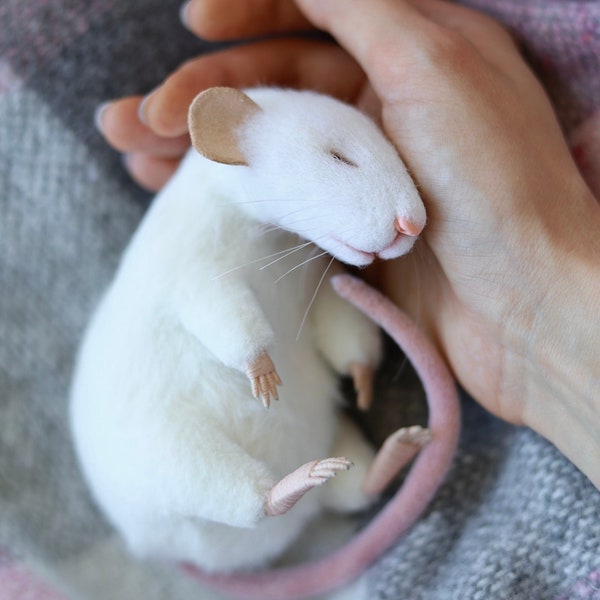 Weiße schlafende Ratte, Filzmaus, Plüschmaus, ausgestopfte Ratte, Albino Ratte Figur, nadelgefilzte Ratte, Wollspielzeug, Rattenspielzeug, Rattenportrait