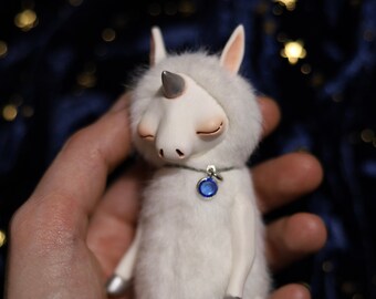 BABY UNICORN, sleeping unicorn, plush figurine, mixed media, unicorn toy, stuffed animal, white horse, polymer clay art doll