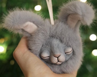 Bunny Christmas ornament, fluffy rabbit, plush bunny, soft christmas tree decor, rabbit furball