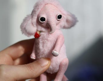 Summer - pink elephant, polymer clay figurine, mixed media animal, plush elephant