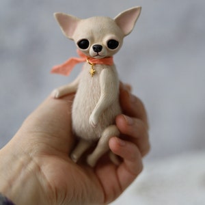 SHINY cream chihuahua puppy, plush puppy, dog portrait, teddy chihuahua, stuffed animal, polymer clay chihuahua, mixed media toy image 2