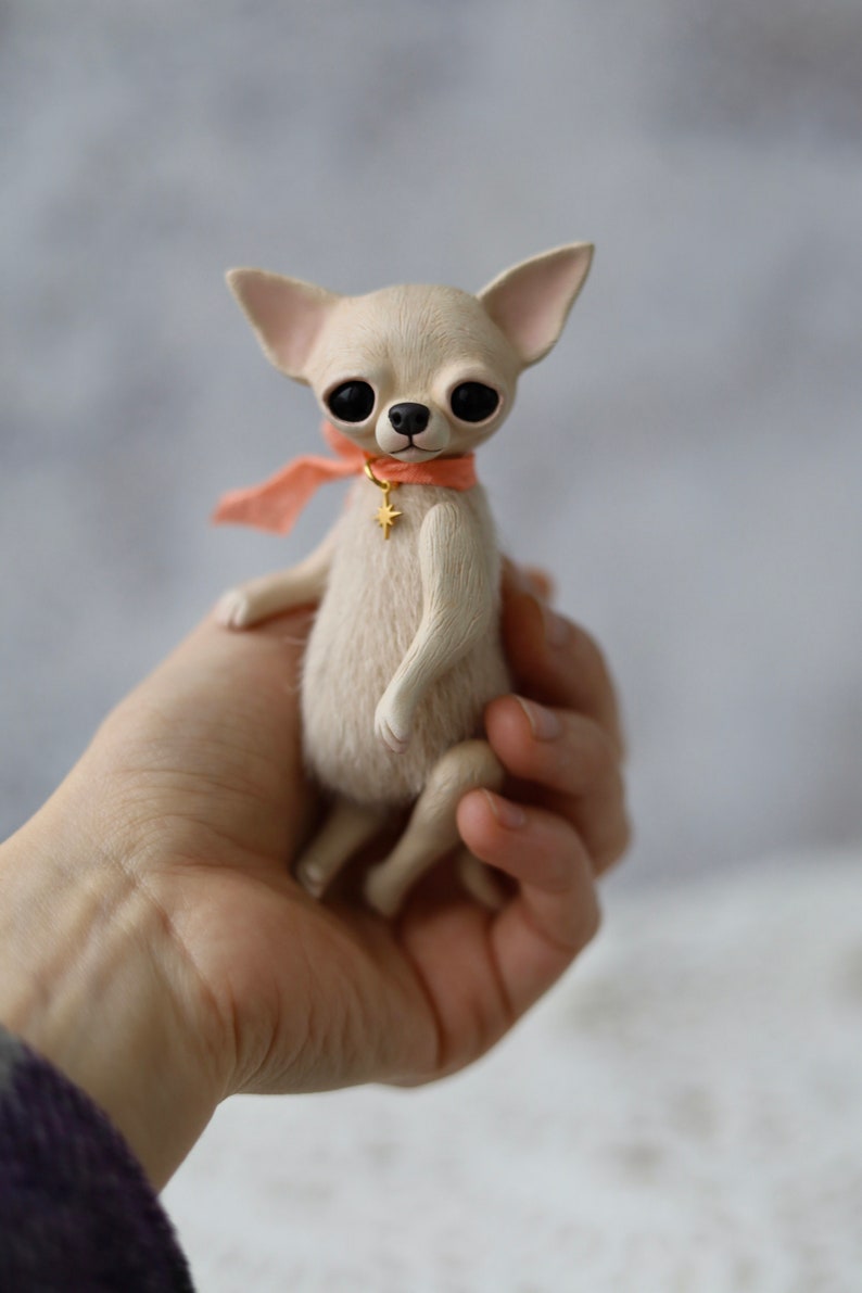 SHINY cream chihuahua puppy, plush puppy, dog portrait, teddy chihuahua, stuffed animal, polymer clay chihuahua, mixed media toy image 2