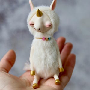 CREAM BABY UNICORN, sleeping unicorn, plush figurine, mixed media, unicorn toy, stuffed animal, white horse, polymer clay art doll