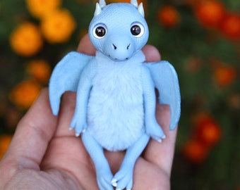 LUMI - ice dragon, blue baby dragon, polymer clay doll, plush toy, stuffed dragon, mixed meadia toy, dragon figurine