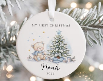 Personalised Baby's First Christmas Ornament 2026 | 1st Xmas Keepsake for New Baby Boy | Blue Teddy Bear Decoration | New Parents Gift