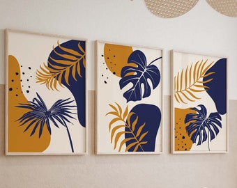 Set of 3 Wall Art Prints, Navy and Mustard Boho Botanical Abstract Poster