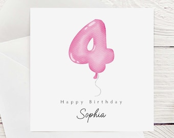 May include: A pink balloon shaped like the number four with a string hanging from the bottom. The text "Happy Birthday Sophia" is printed below the balloon.