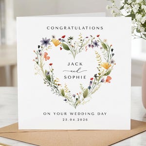 Personalised Wedding Card – Wedding Gift - Wildflower Heart Wreath Congratulation Mr & Mrs