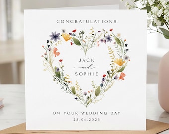 Personalised Wedding Card – Wildflower Heart Wreath Congratulation Mr & Mrs