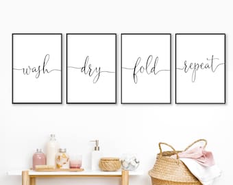 Laundry Room Decor Prints, Wash Dry Fold Repeat, Set of 4