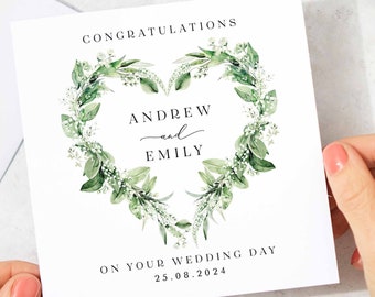 Wedding Day Card, Personalised Card, Floral Heart Wreath