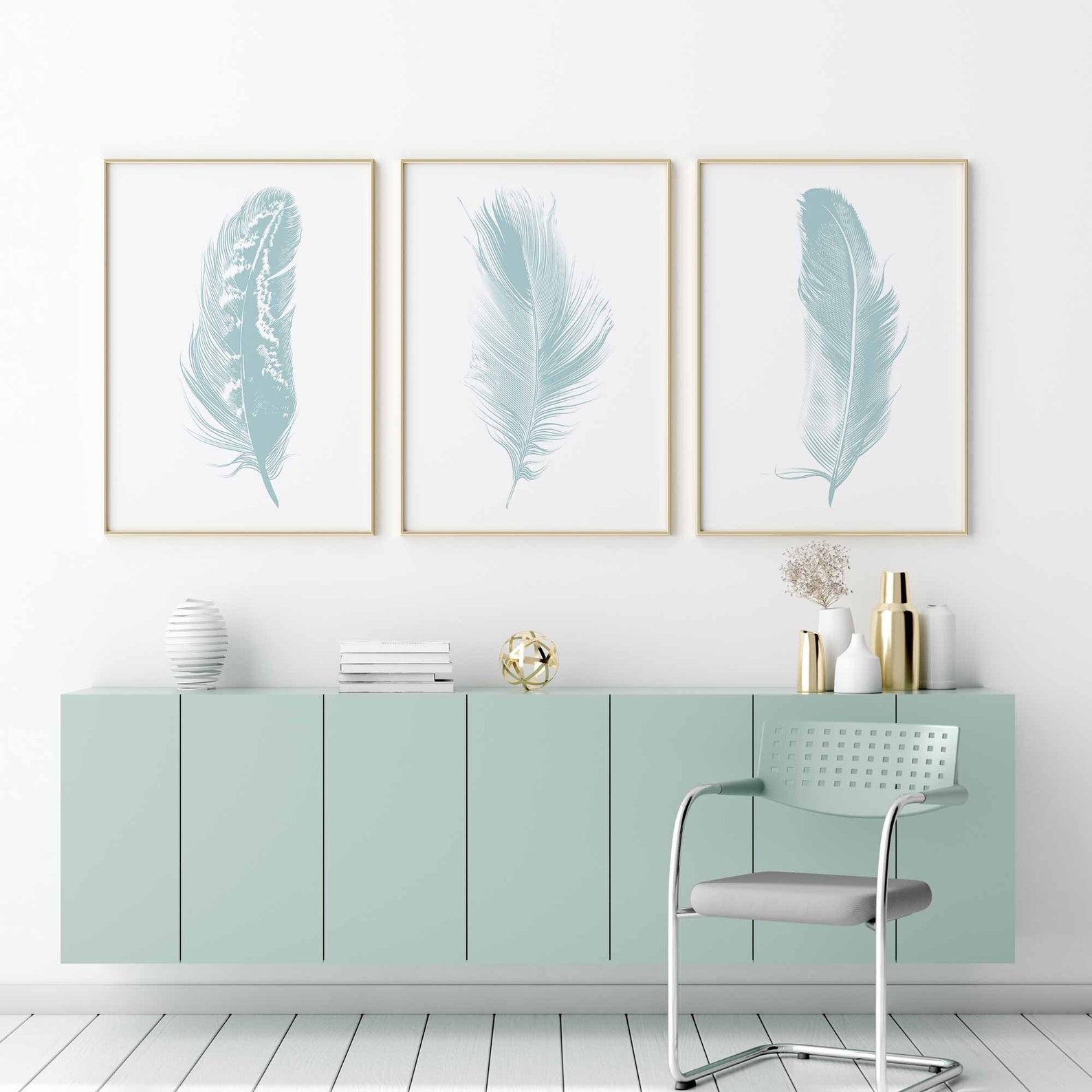 Set of 3 Wall Art Prints Duck Egg Blue Feather Prints Home Etsy UK