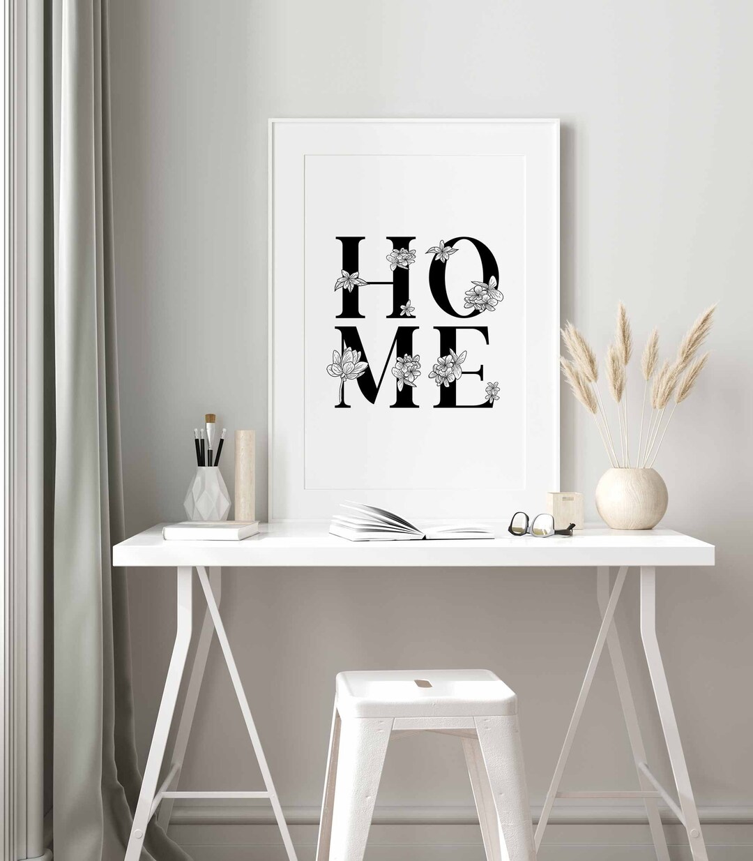 Home Word Print, Black and White Minimalist Floral Wall Art, Home Decor Quote Print Etsy UK