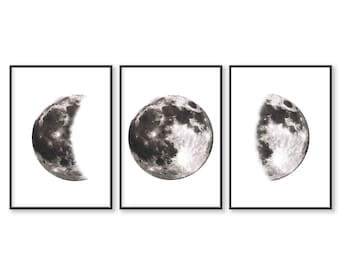 Set of 3 Watercolour Moon Prints, Home Wall Art Decor