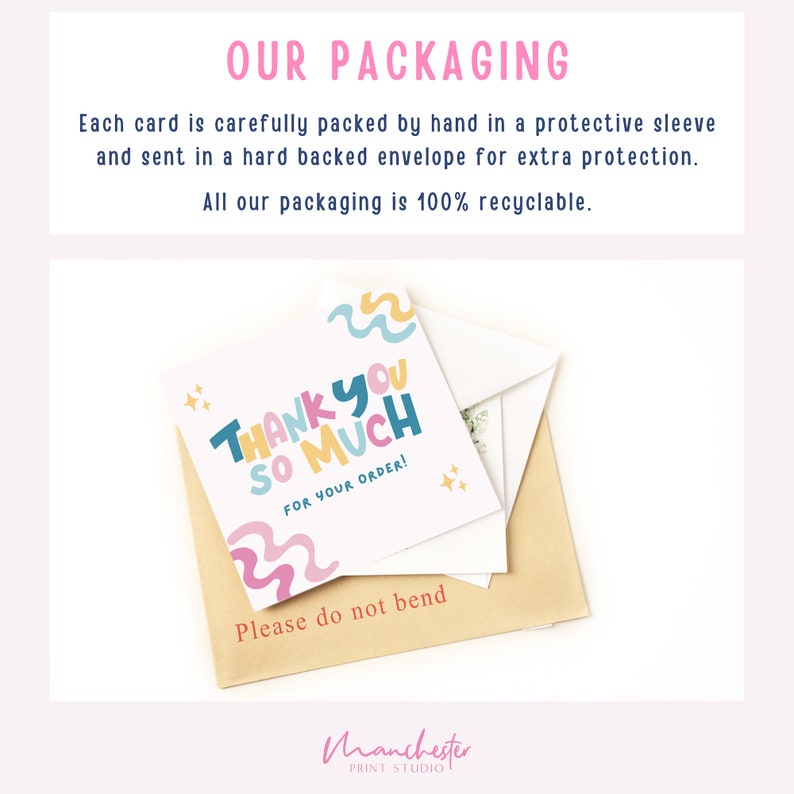 May include: A greeting card with the text "THANK YOU SO MUCH FOR YOUR ORDER!" in colorful lettering. The card is inside a brown envelope with "Please do not bend" printed on it. The packaging includes a protective sleeve and a hard-backed envelope.