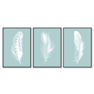 Set of 3 Feather Prints, Duck Egg Blue Background, Home Decor Wall Art