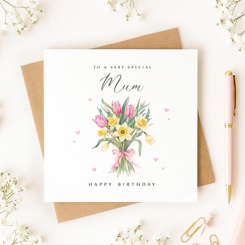 May include: A square greeting card with a bouquet of yellow and pink flowers tied with a pink ribbon. The card reads "To a very special Mum" and "Happy Birthday". The card is on a brown envelope.