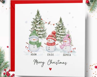 Personalised Family Christmas Card, Custom Name Xmas Card, Snowman Greeting Card