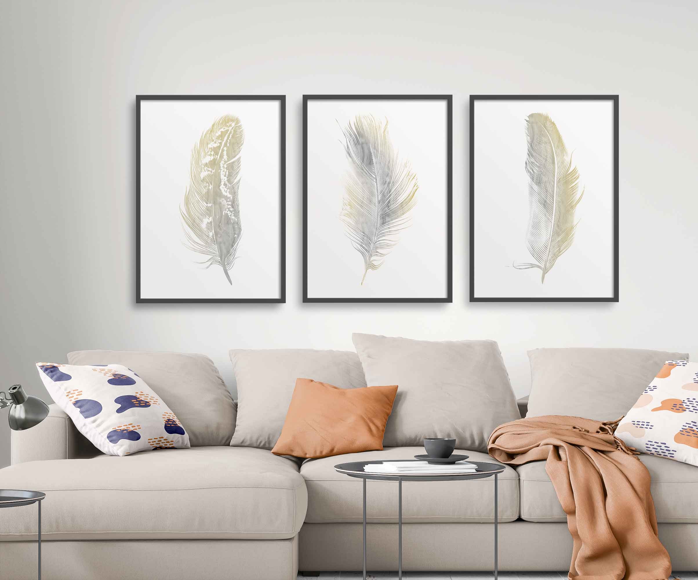 Grey Yellow Wall Art Feather Print Wall Print Set of 3 Etsy UK