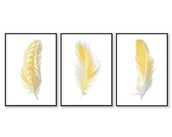 Feathers Wall Art Prints, Mustard Yellow & Gray, Set of 3