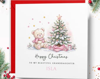 Personalised Granddaughter Christmas Card, Xmas card for Daughter, Pink Teddy Bear