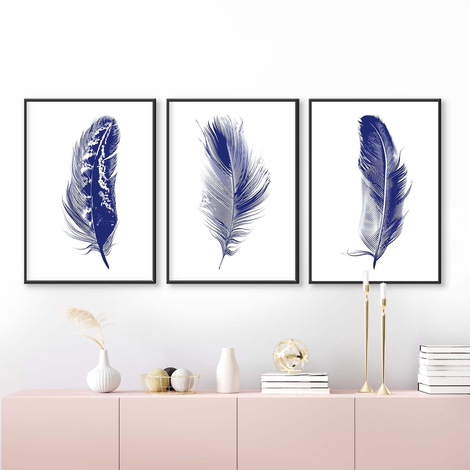 Set of 3 Wall Art Prints Navy Blue Feathers Home Decor Wall Etsy UK