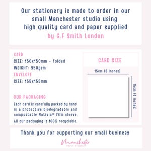 May include: A white greeting card with dimensions of 6 inches by 6 inches, with text describing the card's origin and packaging. The card is made in Manchester using high-quality paper. The packaging is biodegradable and compostable.