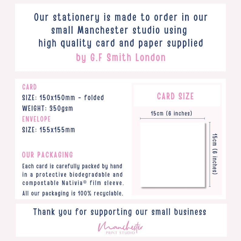 May include: A white greeting card with dimensions of 6 inches by 6 inches, with text describing the card's origin and packaging. The card is made in Manchester using high-quality paper. The packaging is biodegradable and compostable.