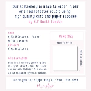 May include: White stationery card with dimensions of 15cm (6 inches) by 15cm (6 inches). The card is made to order in a small Manchester studio using high-quality card and paper. The packaging is biodegradable and compostable.