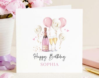 Custom Name Birthday Card, Pink Champagne Balloons