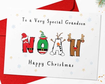 Personalised Grandson Christmas Card, Custom Name Xmas Card for Son, Daughter, Granddaughter