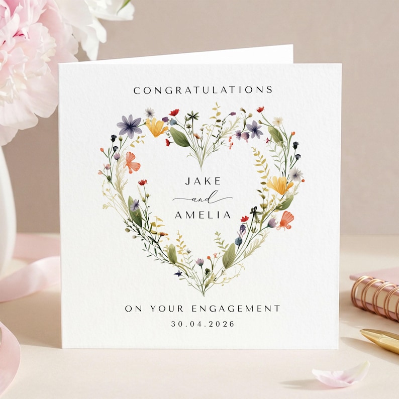 Engagement greeting card personalised with the couples names and date featuring a wildflower heart wreath