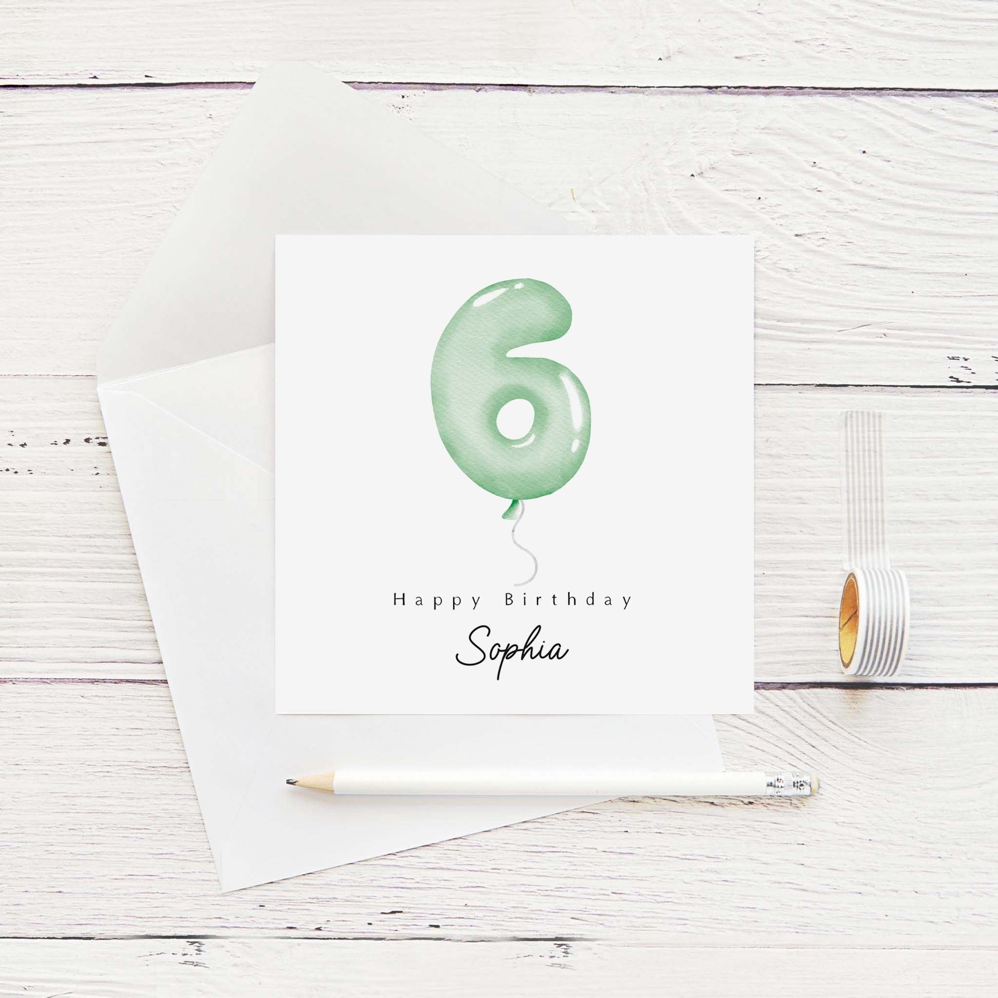 Personalised 6th Birthday Card, Custom Name Card, 6 Year Old Birthday Card, Age Balloon Card