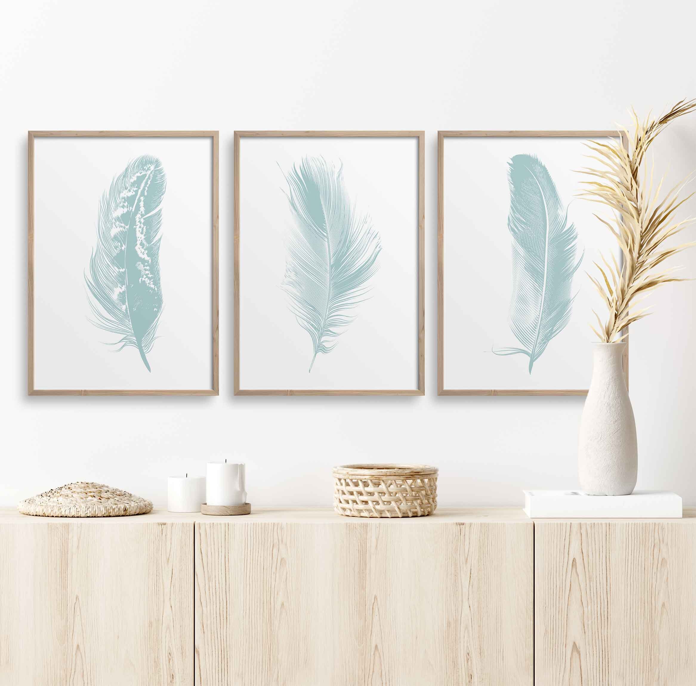 Set of 3 Wall Art Prints Duck Egg Blue Feather Prints Home Etsy UK