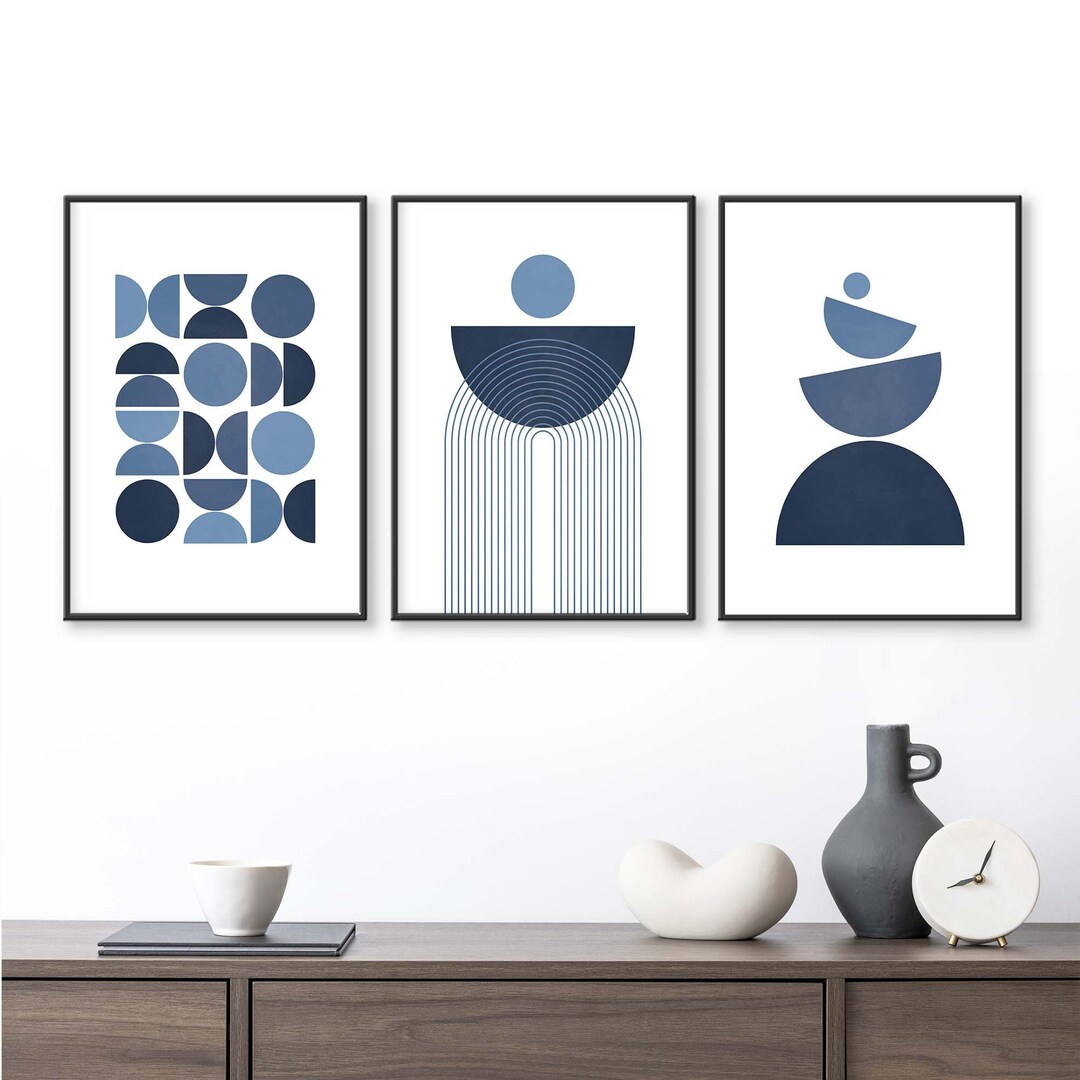 Set of 3 Wall Art Prints Navy Blue, Geometric Shapes, Mid Century ...
