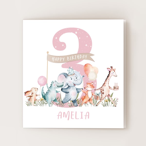 Personalised 3rd Birthday Card, Three Year Old Birthday Card, Baby Animals Card