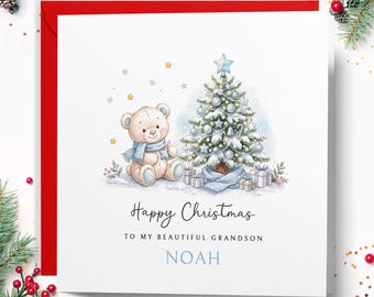 Personalised Grandson Christmas Card, Teddy Bear Xmas card for Little Boy, Son, Nephew