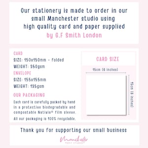May include: A white stationery card, folded to 150x150mm (approx. 6x6 inches), weighing 350gsm. The envelope is 155x155mm and weighs 135gsm. The image includes text: "Our stationery is made to order...by G.F Smith London."